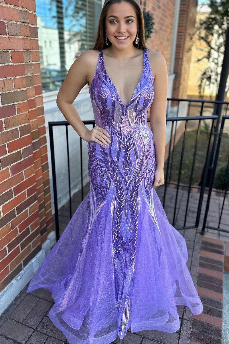 Mermaid V Neck Charming Lavender Sequins Long Prom Dresses